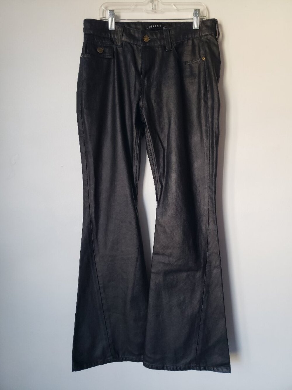 Black Waxed Shiny Coated Wide Flare Low Rise Lioness Jeans Small